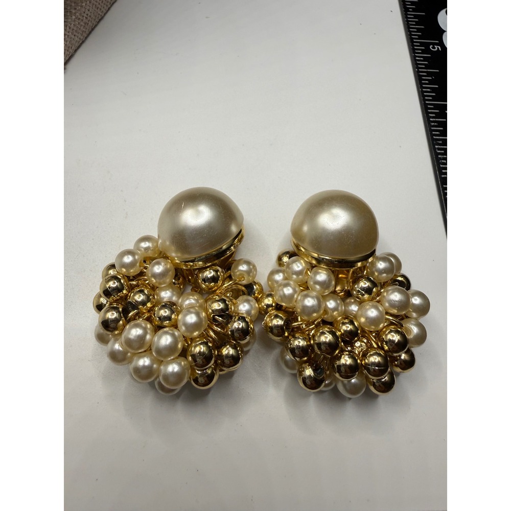 Vintage Faux Pearl Gold Tone Cluster Clip On Earrings Statement Door Knocker